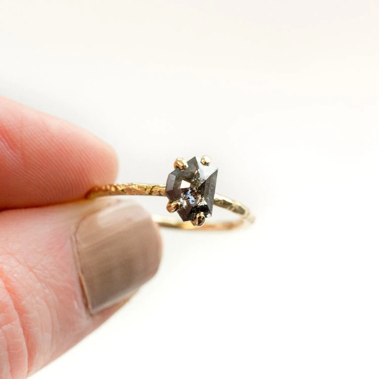 0.98ct Rosecut Black Shield Geometric Galaxy Diamond and Dainty Carved Yellow Gold Low Profile Solitaire