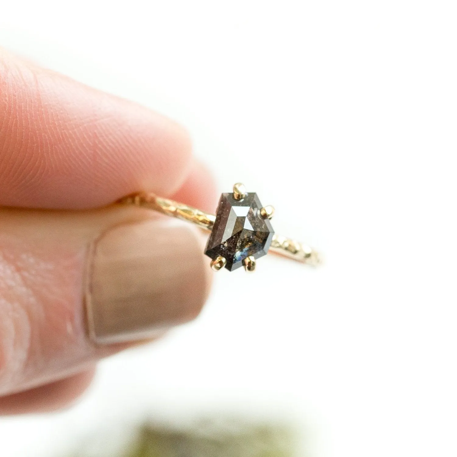 0.98ct Rosecut Black Shield Geometric Galaxy Diamond and Dainty Carved Yellow Gold Low Profile Solitaire