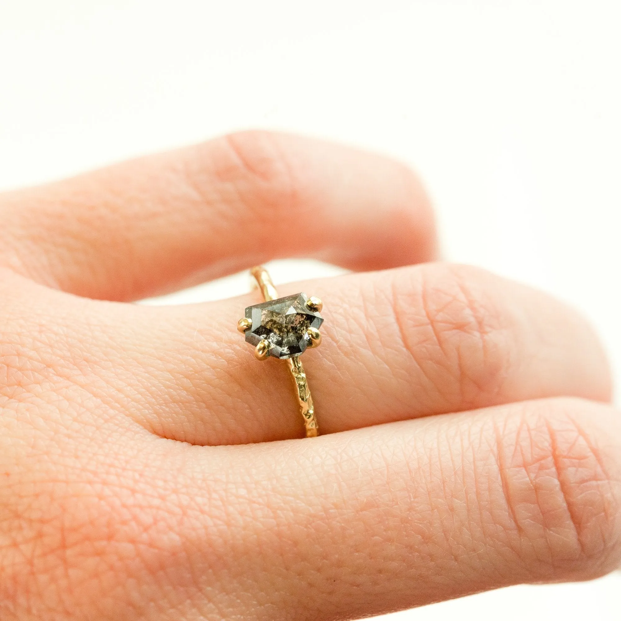 0.98ct Rosecut Black Shield Geometric Galaxy Diamond and Dainty Carved Yellow Gold Low Profile Solitaire