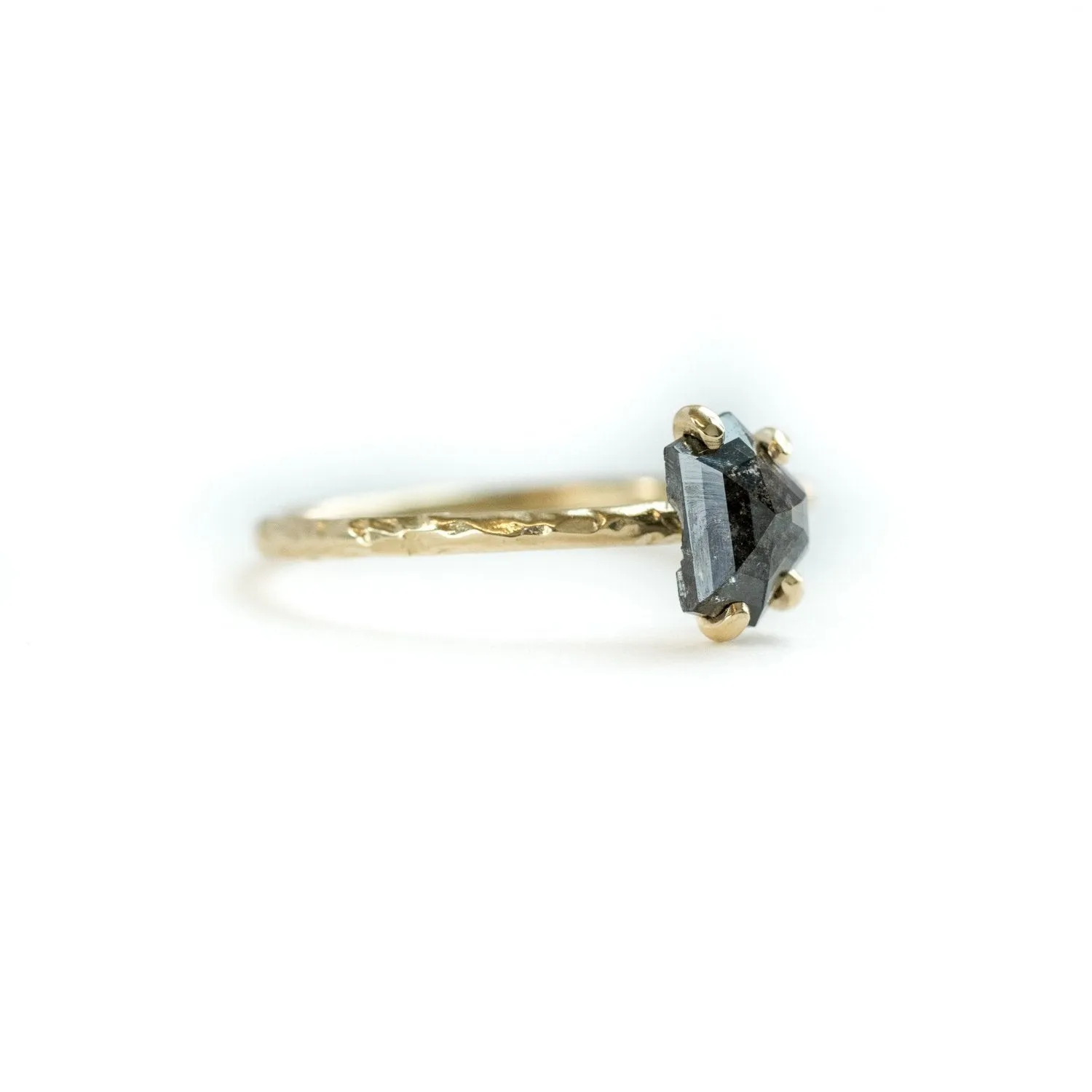 0.98ct Rosecut Black Shield Geometric Galaxy Diamond and Dainty Carved Yellow Gold Low Profile Solitaire