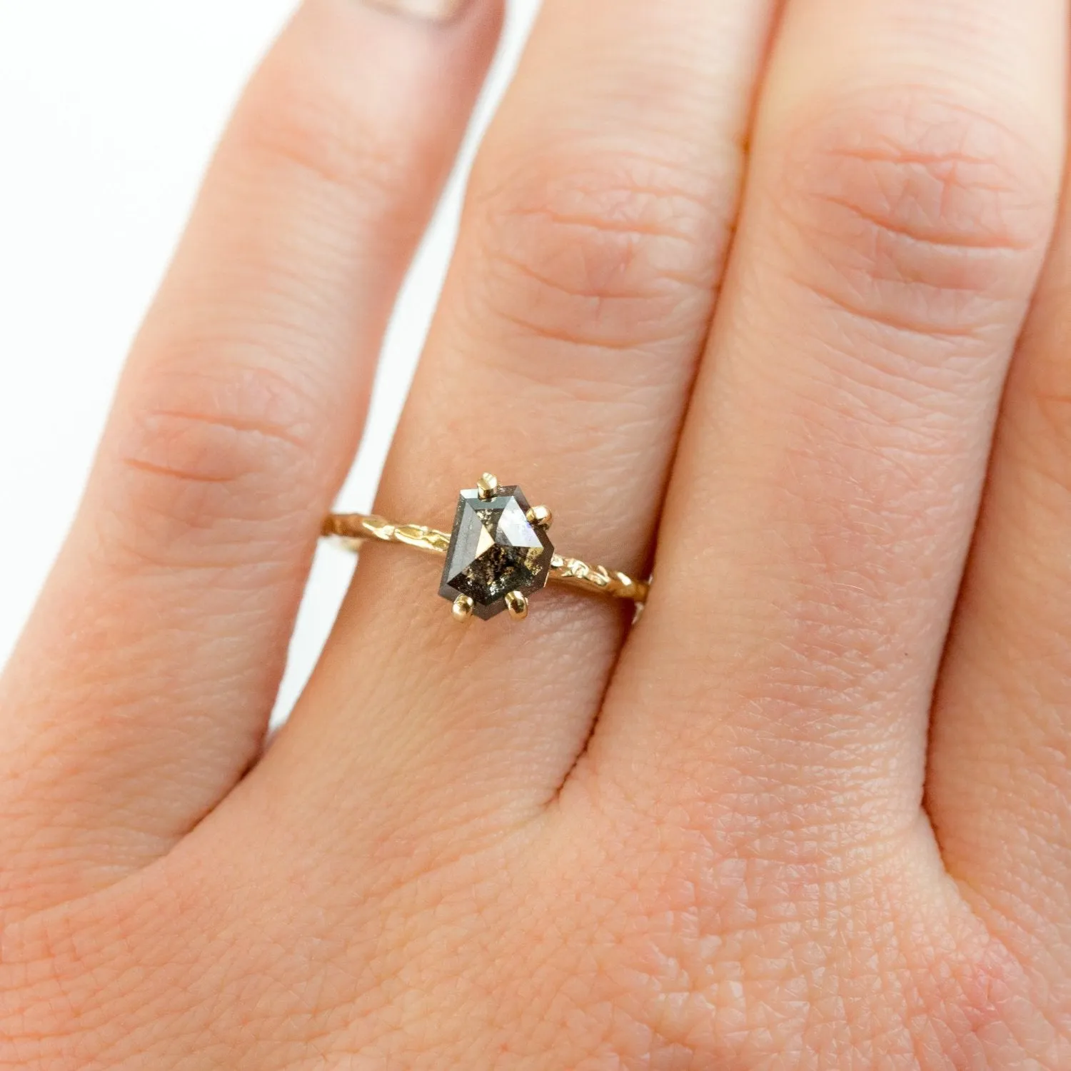 0.98ct Rosecut Black Shield Geometric Galaxy Diamond and Dainty Carved Yellow Gold Low Profile Solitaire