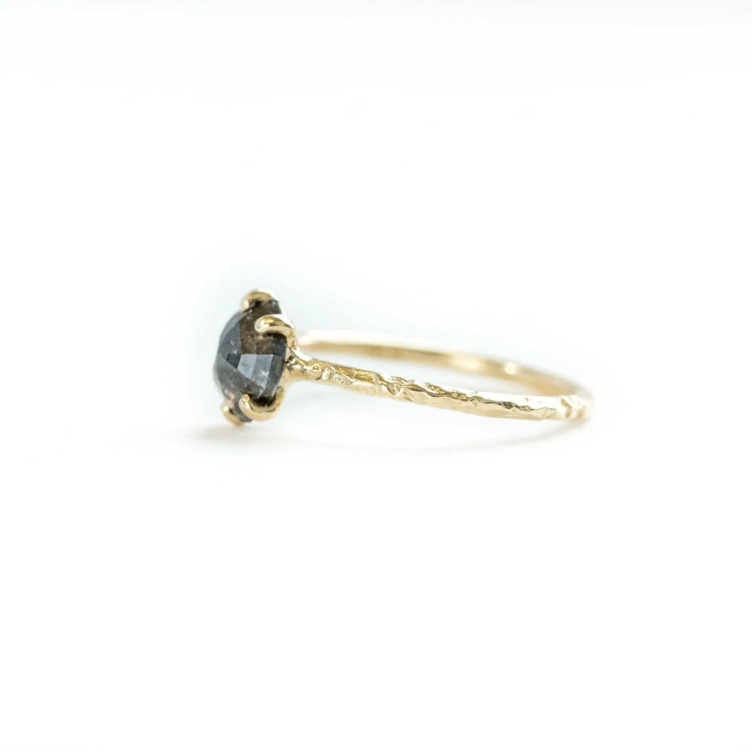 0.98ct Rosecut Black Shield Geometric Galaxy Diamond and Dainty Carved Yellow Gold Low Profile Solitaire