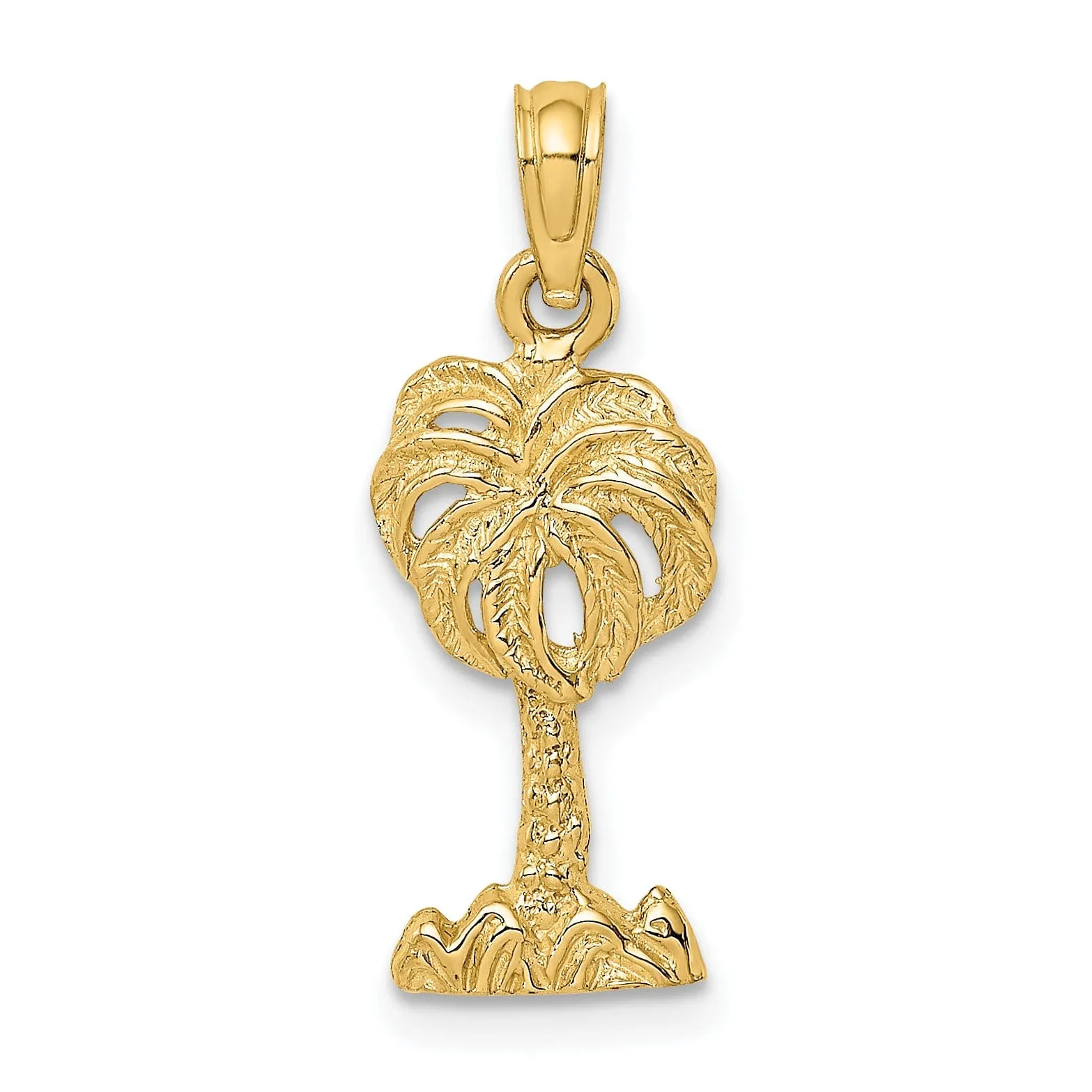 14K Yellow Gold Polished Texture Finish 2-Dimensional Concave Shape Palm Tree Charm Pendant