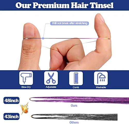 16 Colors Hair Tinsel Kit, 48 Inches 3300 Strands Tinsel Hair Extensions, Fairy Hair Tinsel for Christmas Halloween Cosplay Party, Highlights Sparkling Glitter Hair