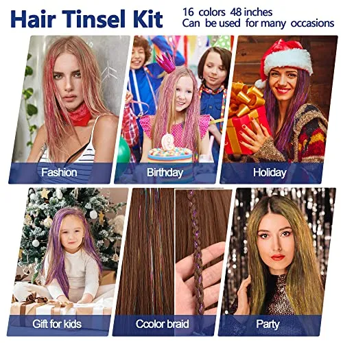 16 Colors Hair Tinsel Kit, 48 Inches 3300 Strands Tinsel Hair Extensions, Fairy Hair Tinsel for Christmas Halloween Cosplay Party, Highlights Sparkling Glitter Hair