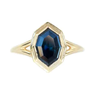 1.74ct Bezel Set Geometric Oval Sapphire Split Shank Ring in 18k Yellow Gold