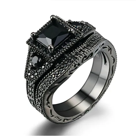 18K Black Gold Plated Dark Desire Princess Cut Black CZ Engagement Ring Set For Woman