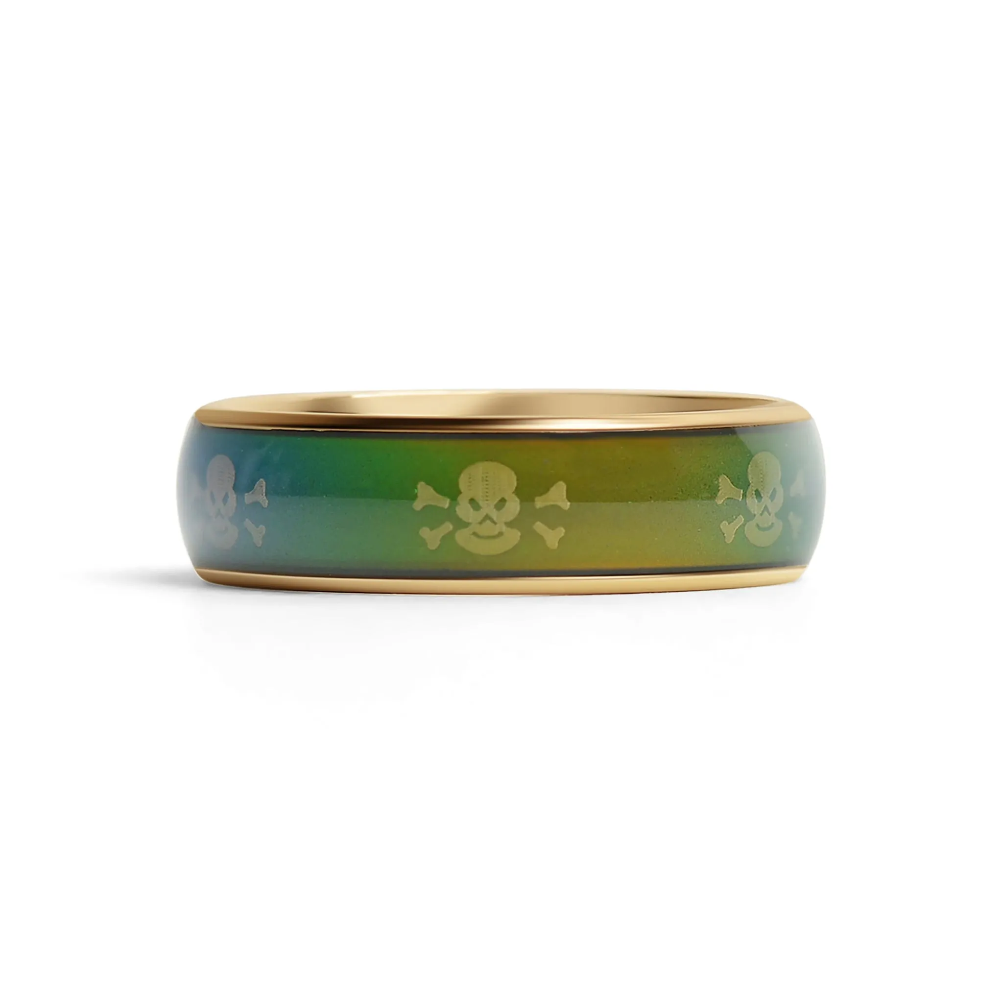 18k Gold PVD Coated Mood Band With Skull And Crossbones Stainless Steel Ring / CFR9013