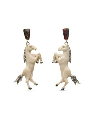 18k White Gold Opal Carved Bone Horses with Diamond Eyes Earrings