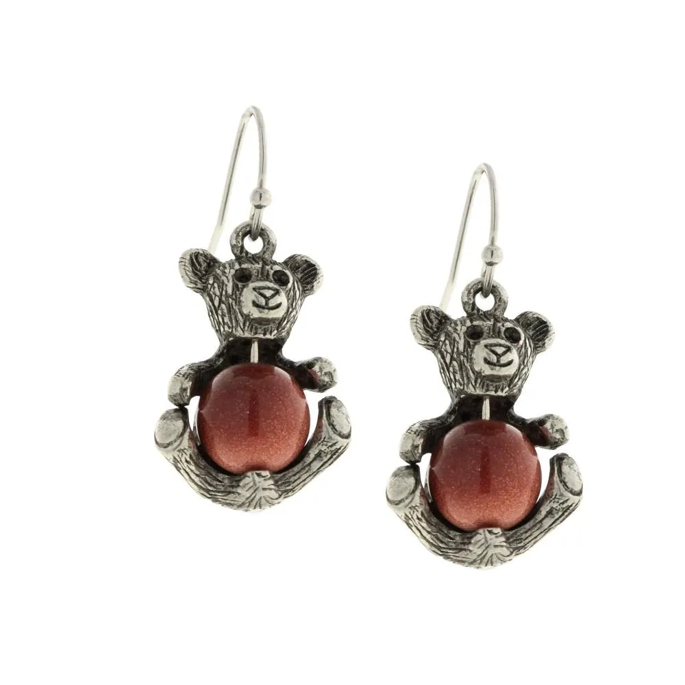 1928 Jewelry&reg; Pewter Round Semi Precious Gold Stone Teddy Bear Wire Earrings