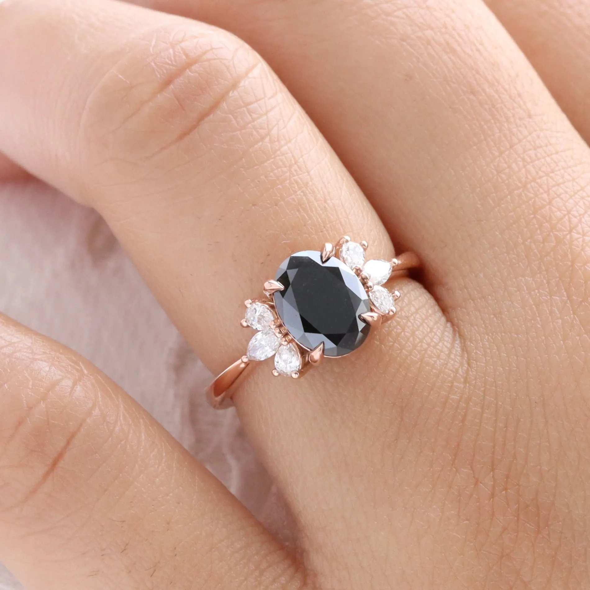 2.5 Ct. Oval Black Diamond Ring in Fairy 3 Stone Diamond Band