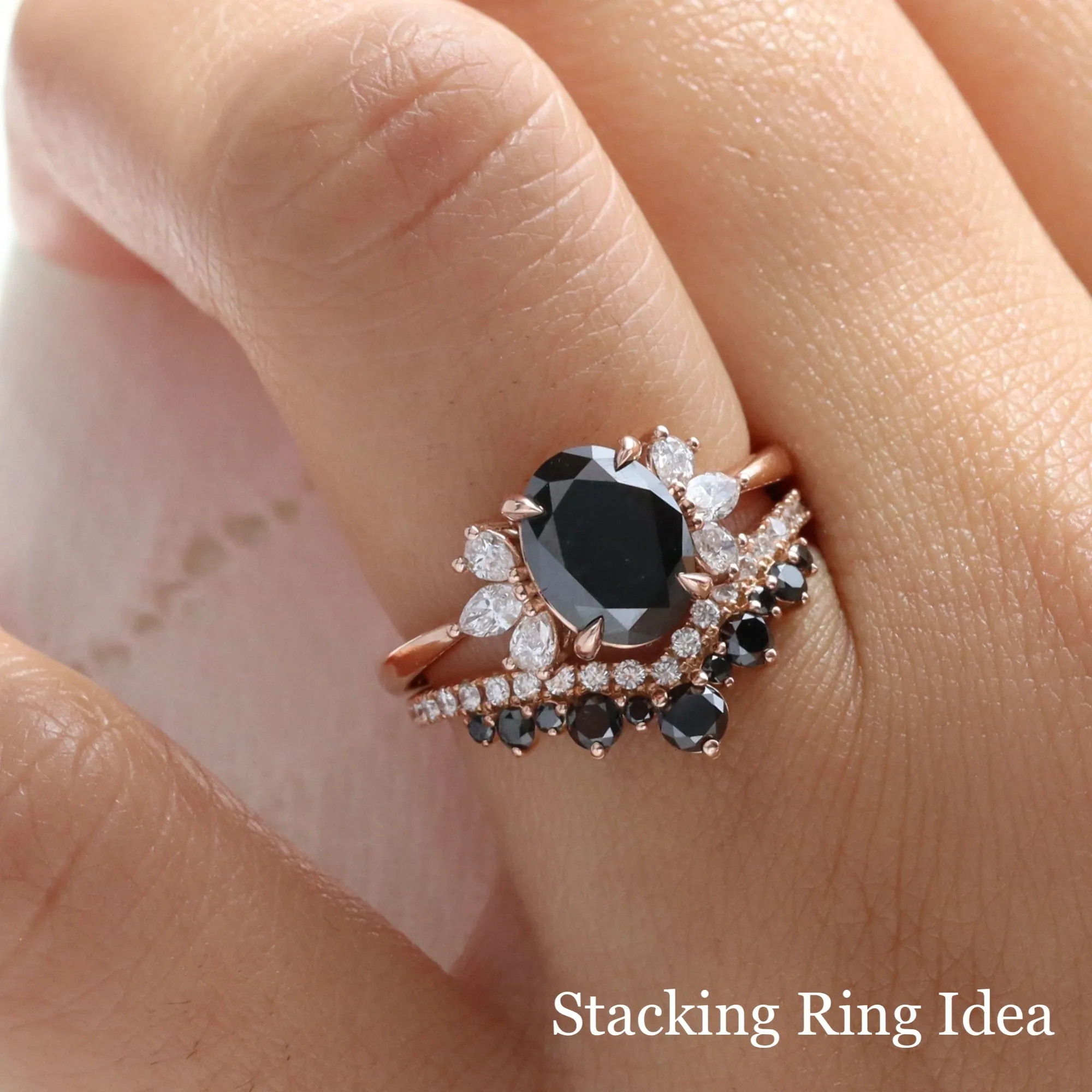 2.5 Ct. Oval Black Diamond Ring in Fairy 3 Stone Diamond Band