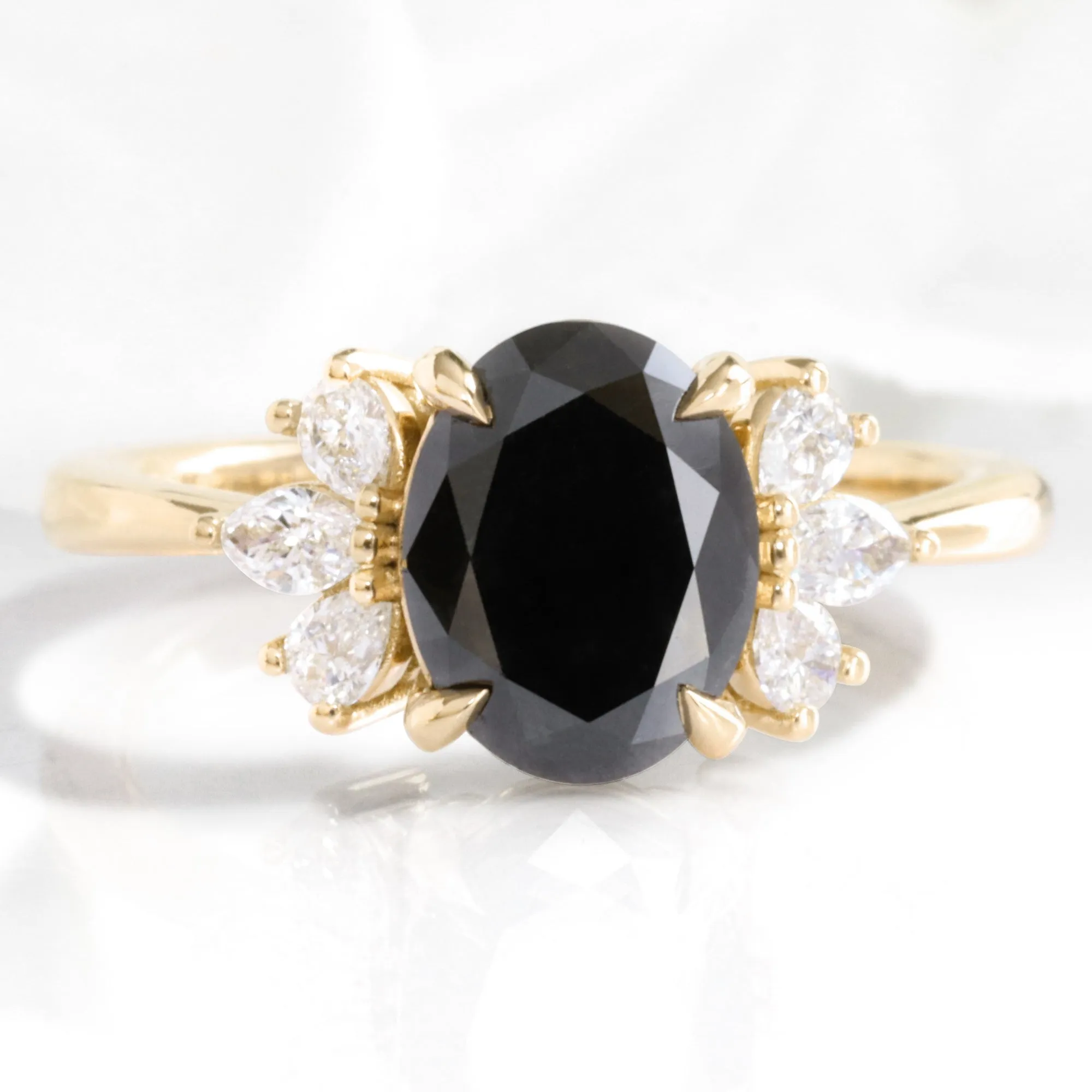 2.5 Ct. Oval Black Diamond Ring in Fairy 3 Stone Diamond Band