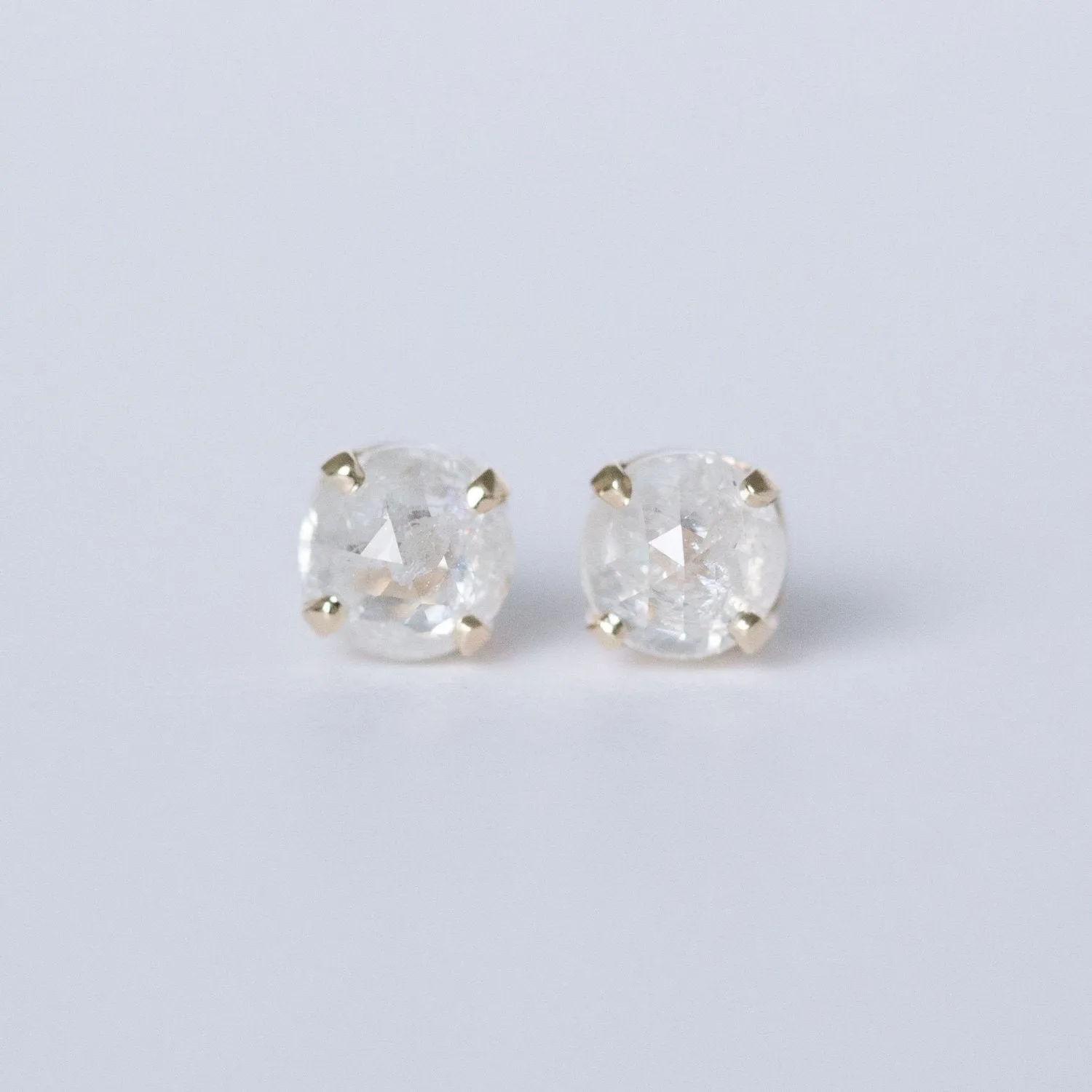 4.3mm Galaxy white rosecut diamond earrings in yelow gold prong settings by Anueva Jewelry - Edgy alternative diamond rosecut studs- Customizable