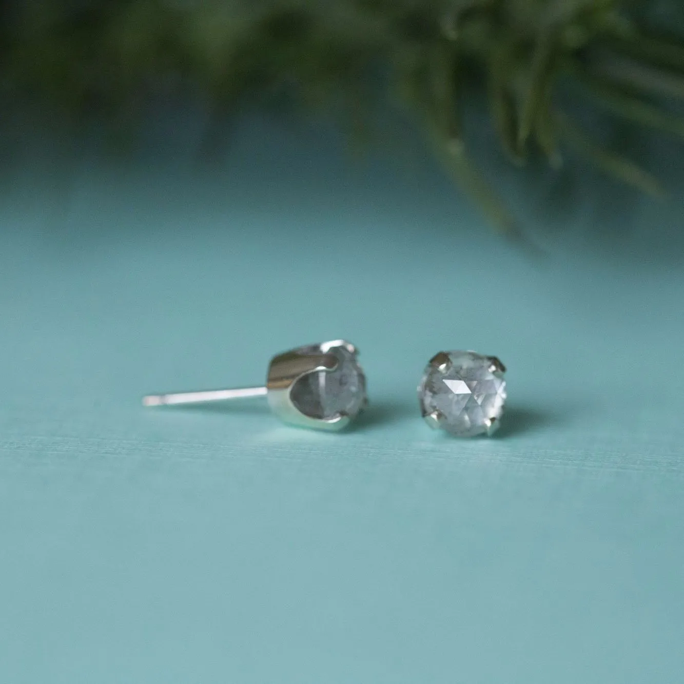 5.1mm Galaxy grey rosecut diamond earrings in white gold prong settings by Anueva Jewelry - Edgy alternative diamond rosecut studs- Customizable