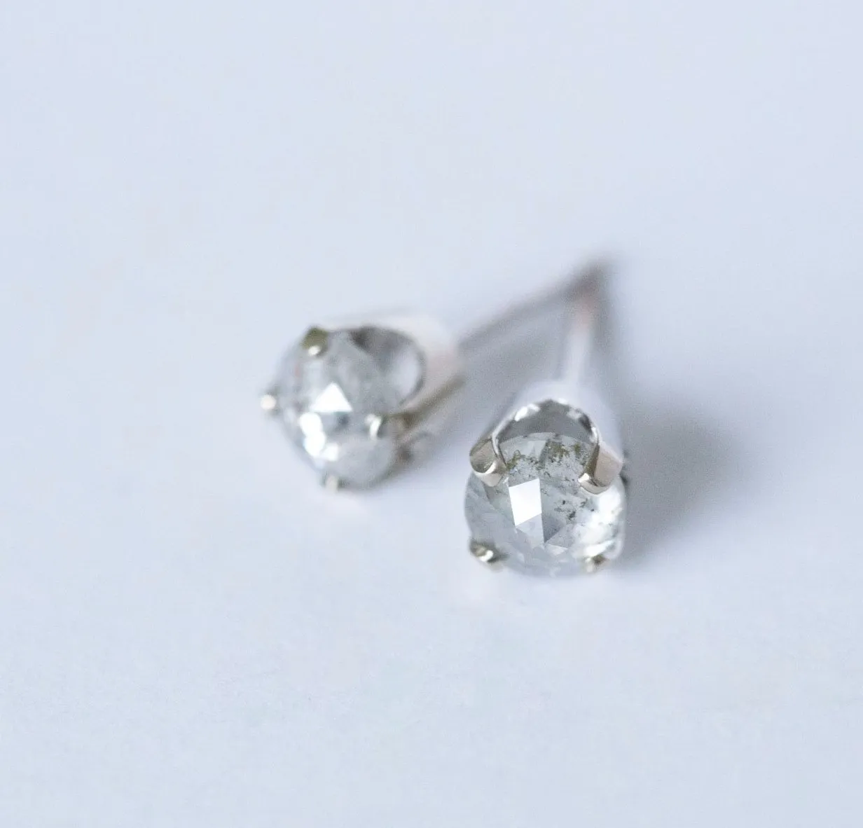 5.1mm Galaxy grey rosecut diamond earrings in white gold prong settings by Anueva Jewelry - Edgy alternative diamond rosecut studs- Customizable