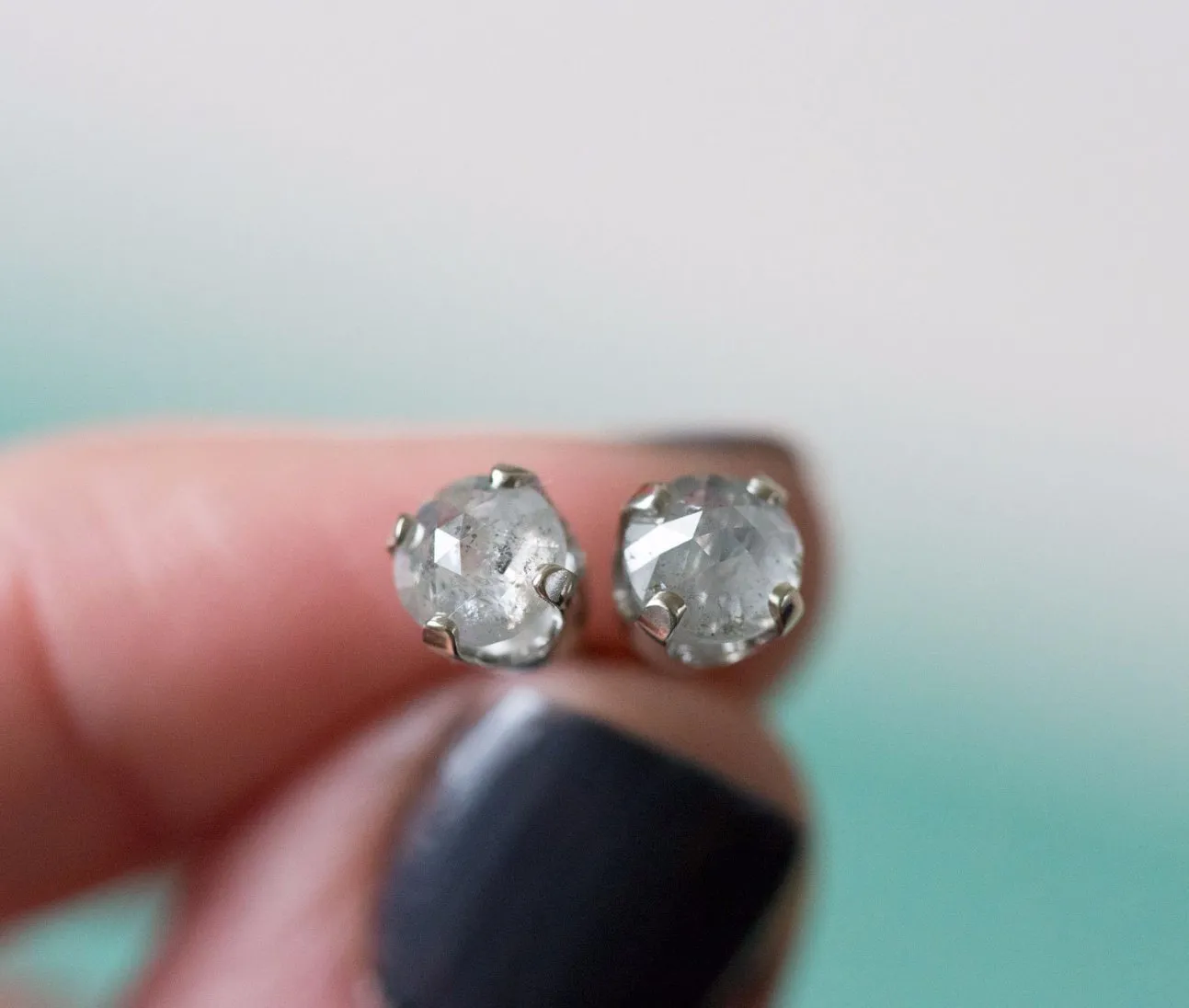 5.1mm Galaxy grey rosecut diamond earrings in white gold prong settings by Anueva Jewelry - Edgy alternative diamond rosecut studs- Customizable