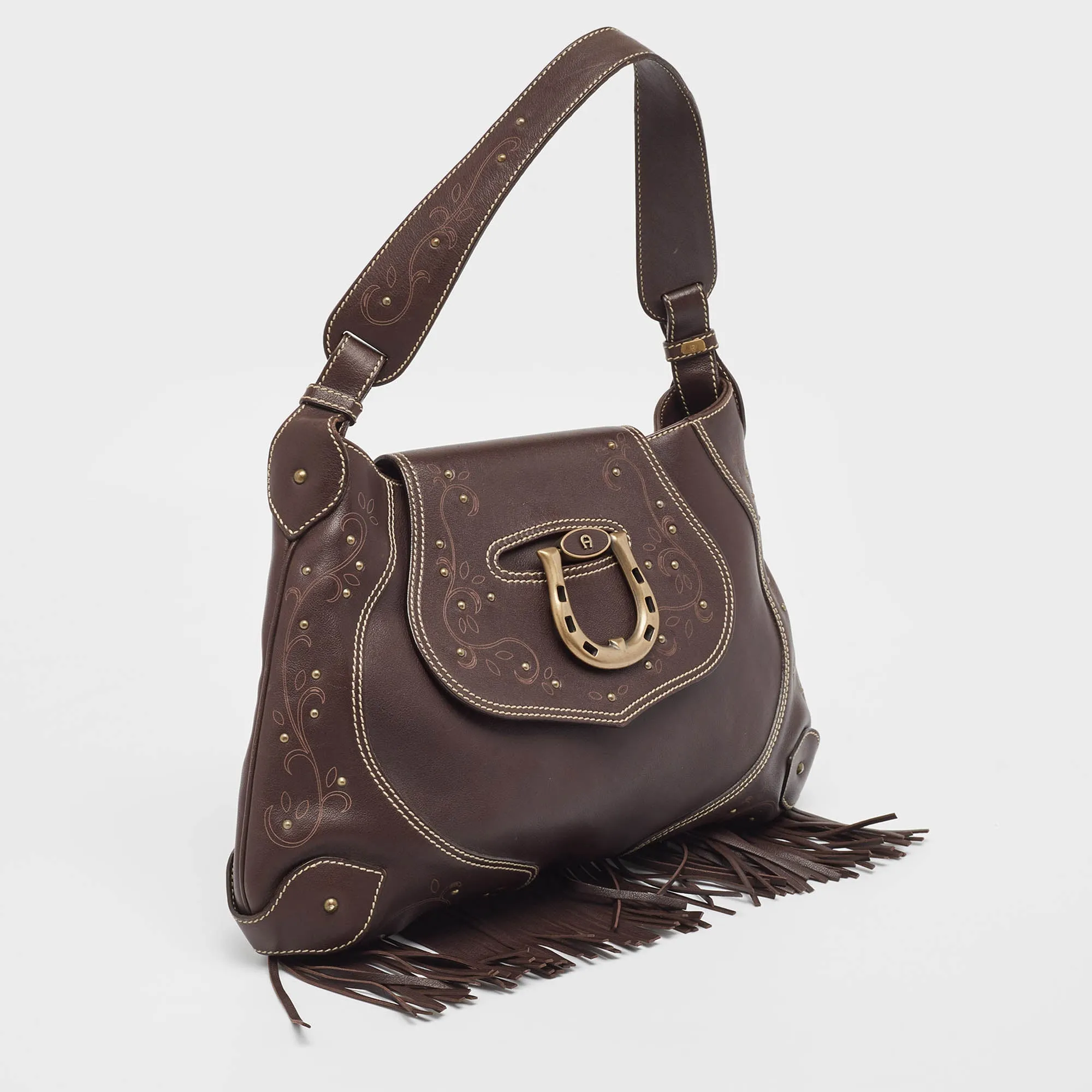 AIGNER Dark Brown Leather Fringe Hobo