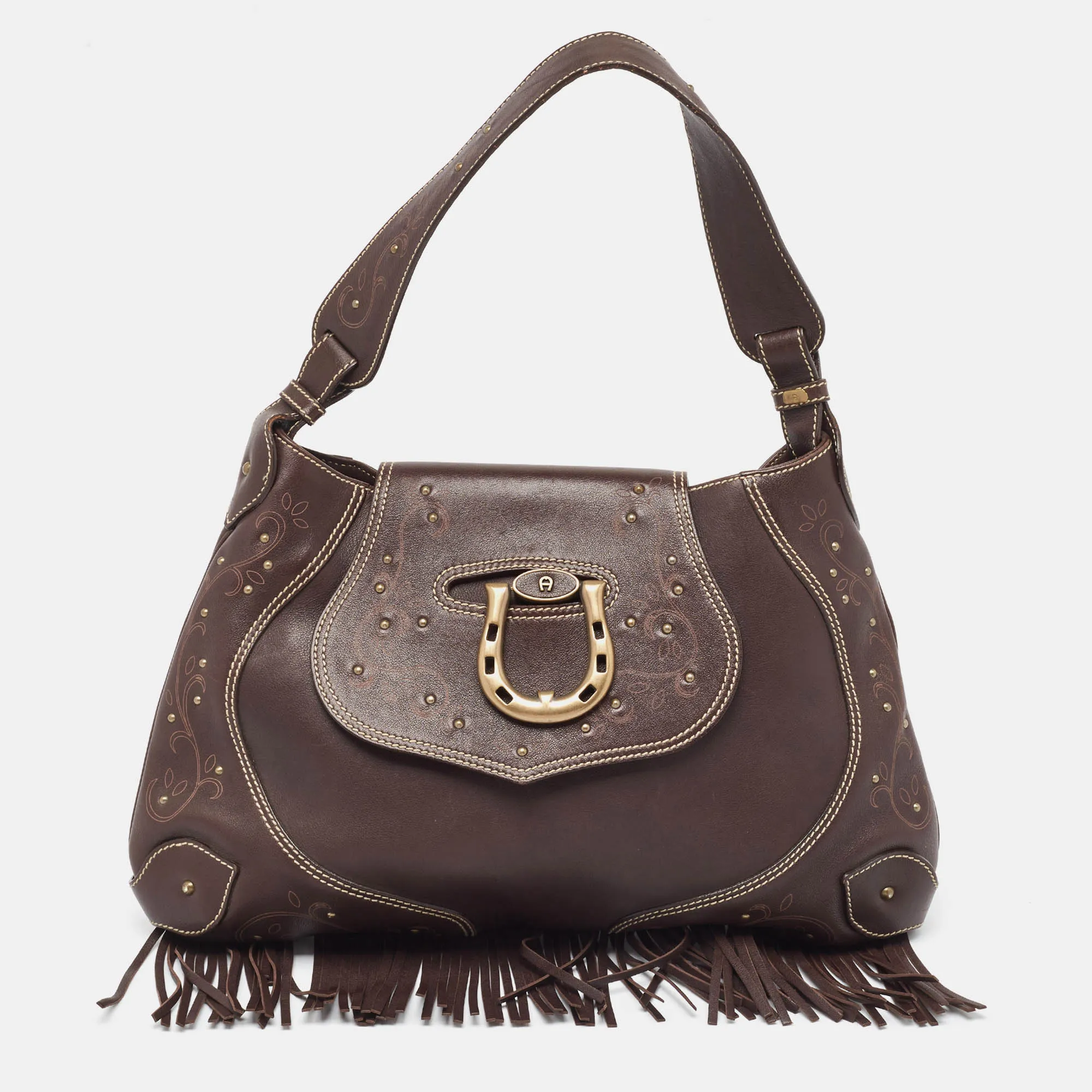 AIGNER Dark Brown Leather Fringe Hobo