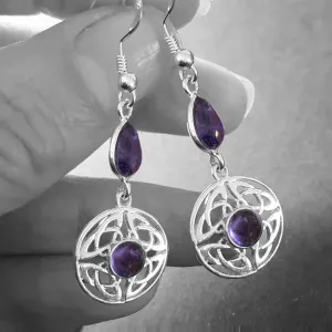 Amethyst Teardrop Round Celtic Earrings, sterling silver