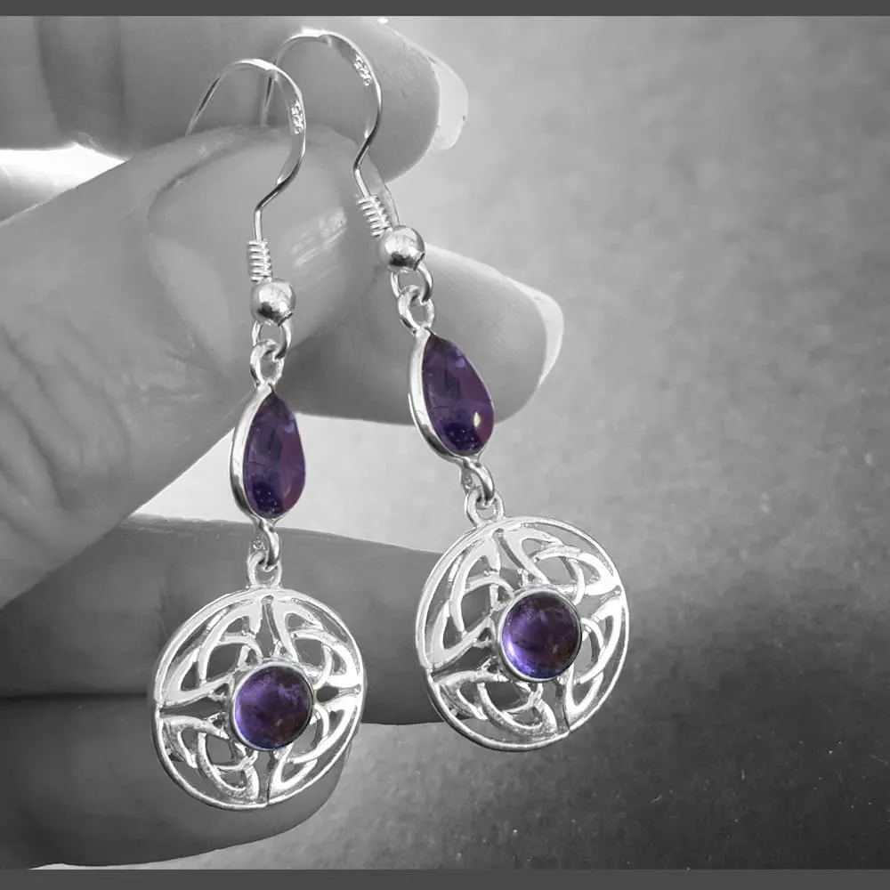 Amethyst Teardrop Round Celtic Earrings, sterling silver