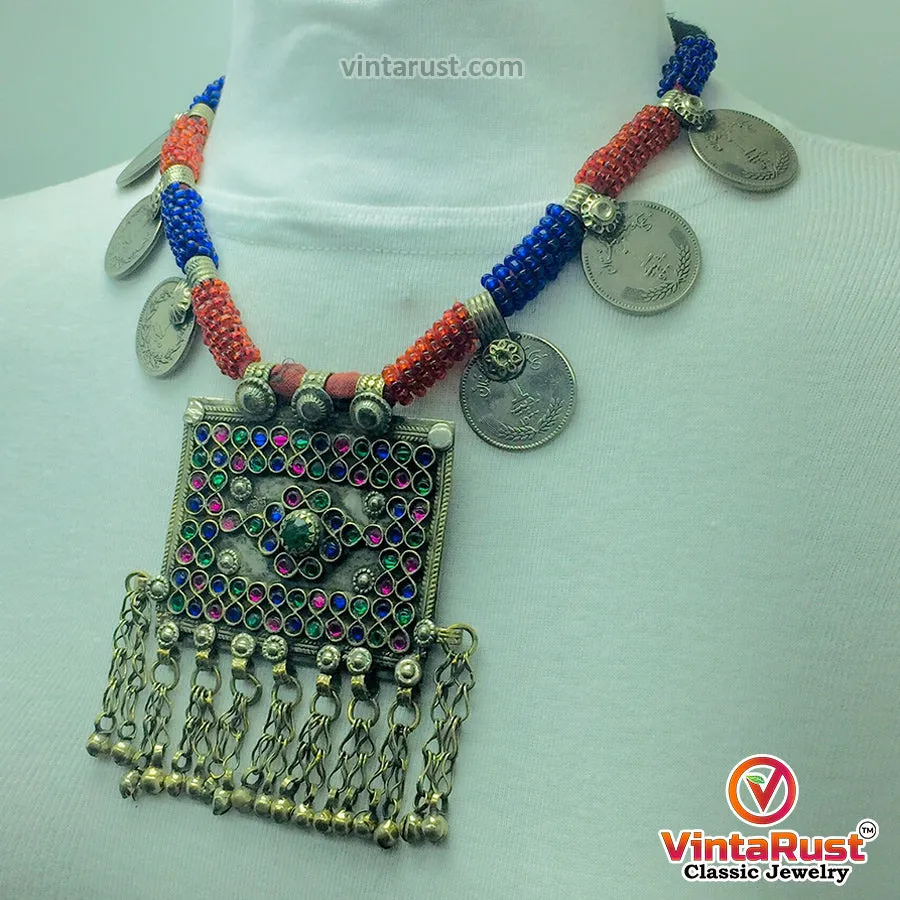 Antique Red and Blue Beaded Necklace