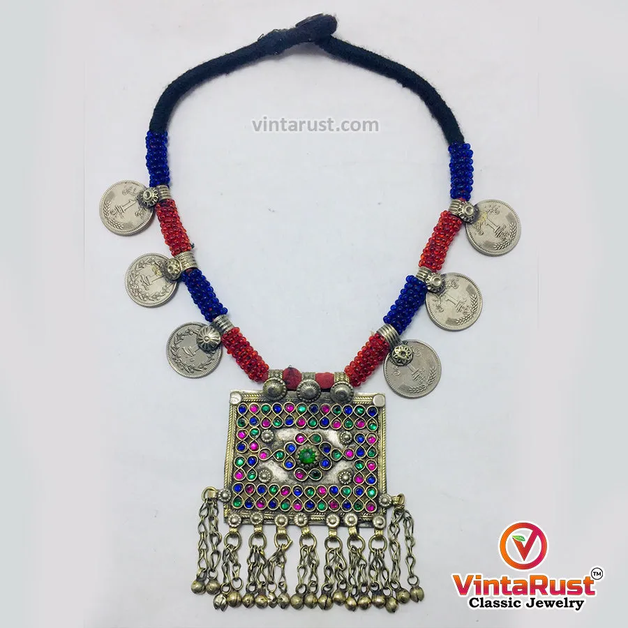 Antique Red and Blue Beaded Necklace