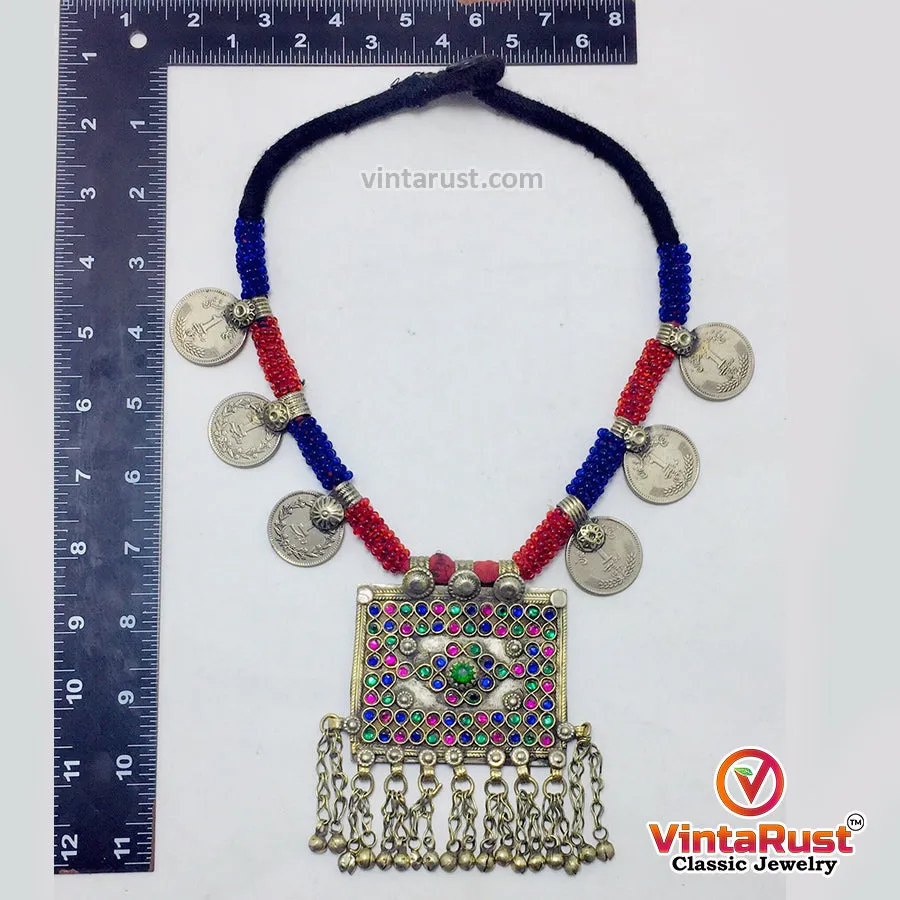 Antique Red and Blue Beaded Necklace