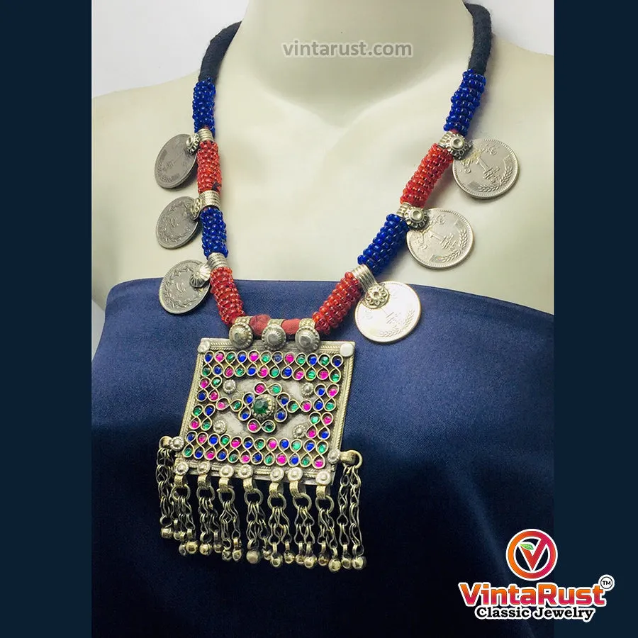 Antique Red and Blue Beaded Necklace