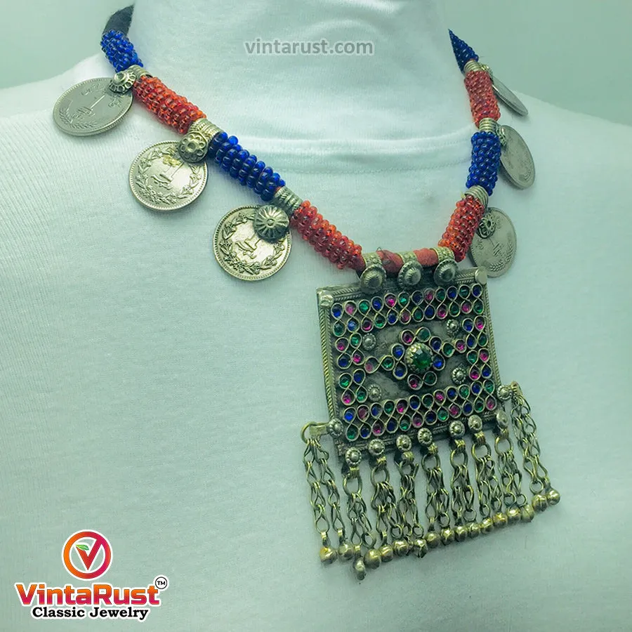 Antique Red and Blue Beaded Necklace