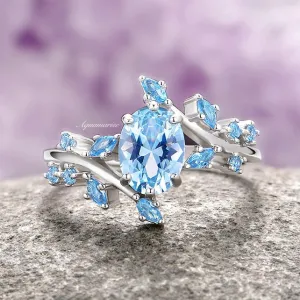 Aquamarine Leaf Fairy Engagement Ring- 925 Sterling Silver