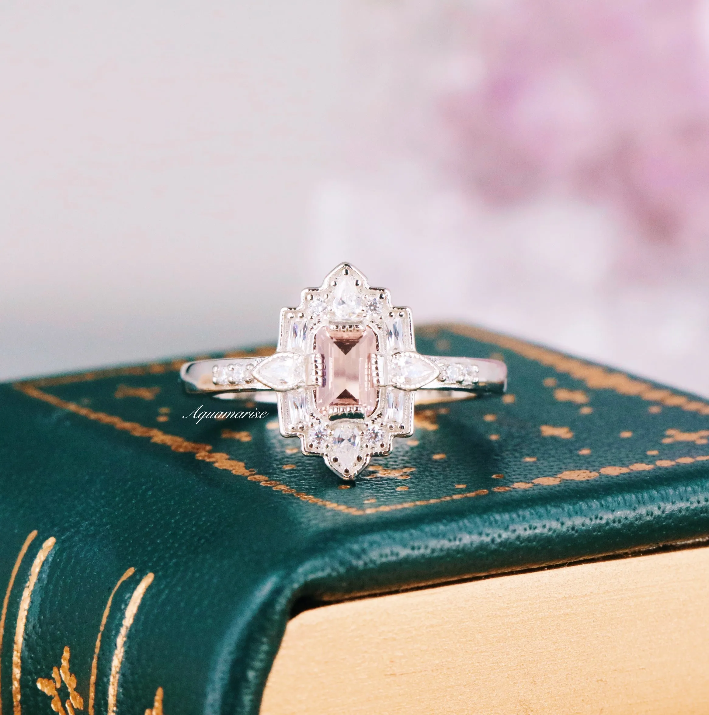 Art Deco Morganite Mosaic Ring- Sterling Silver