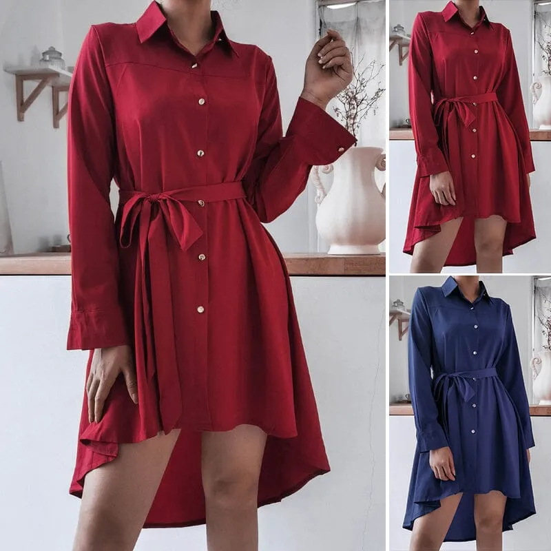 Asymmetric Pleated Casual Shirt Dress