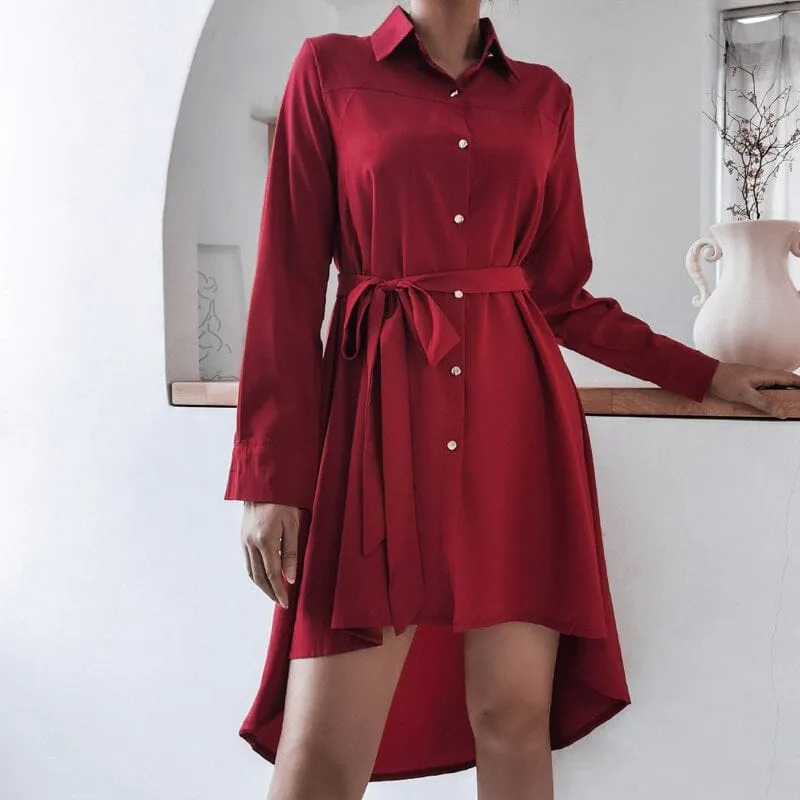 Asymmetric Pleated Casual Shirt Dress