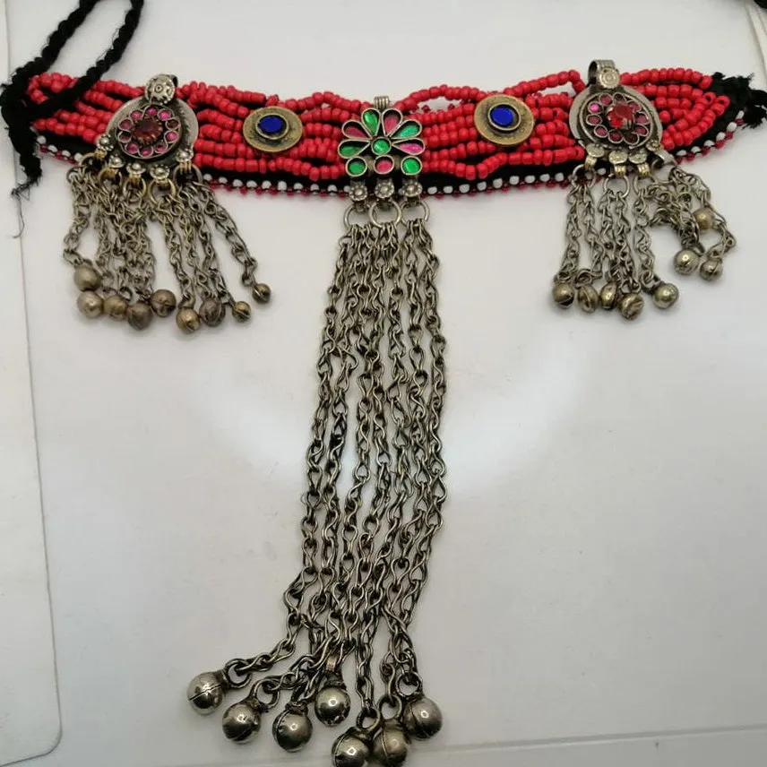 Beaded Choker Necklace With Long Dangling Bells