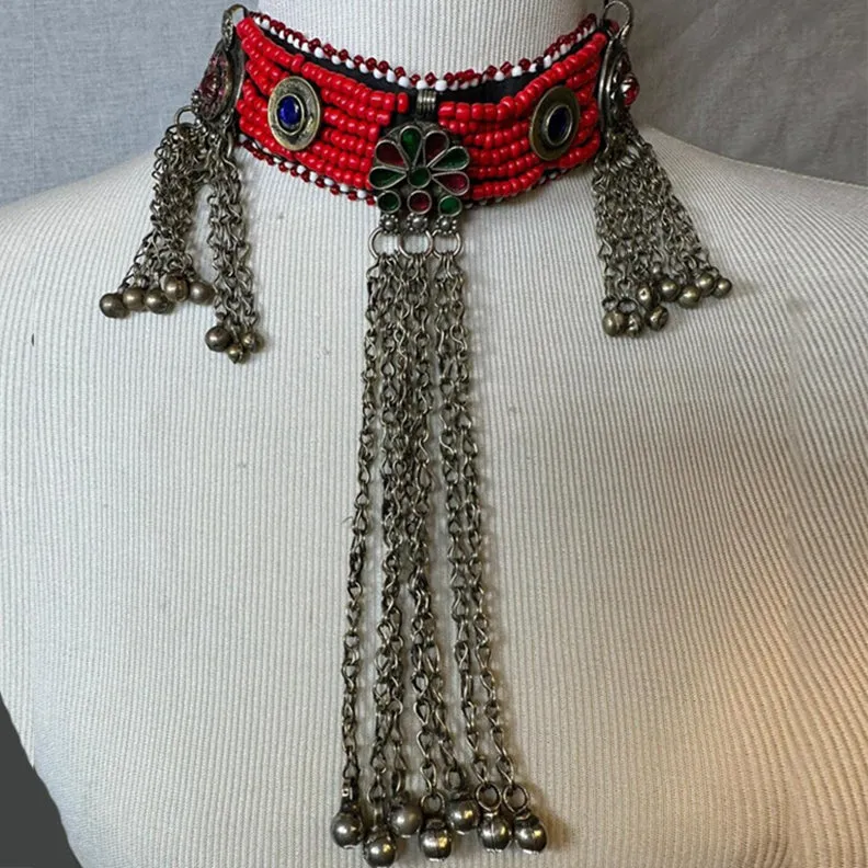 Beaded Choker Necklace With Long Dangling Bells