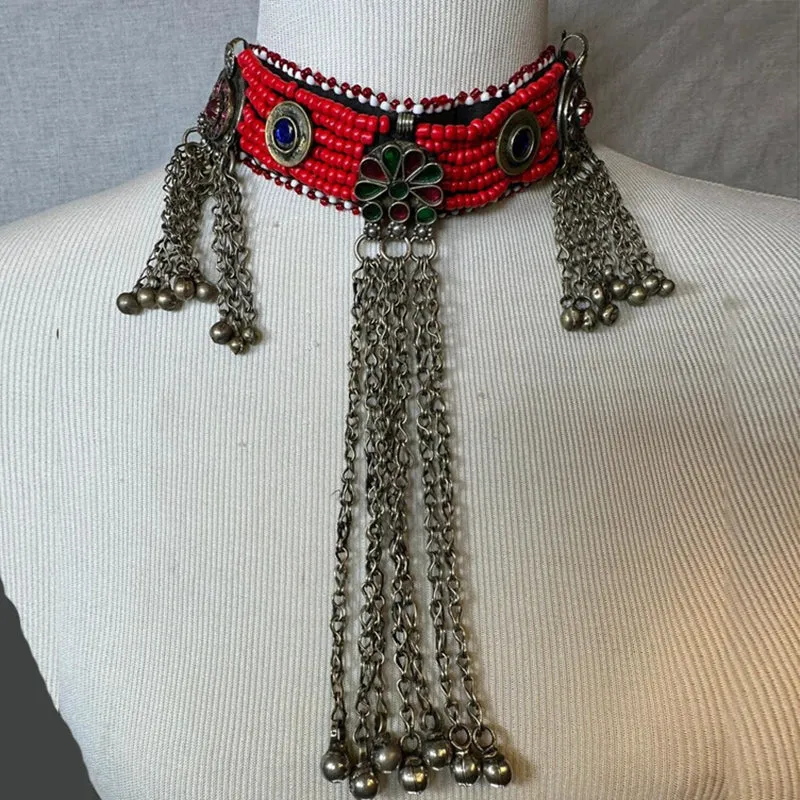 Beaded Choker Necklace With Long Dangling Bells