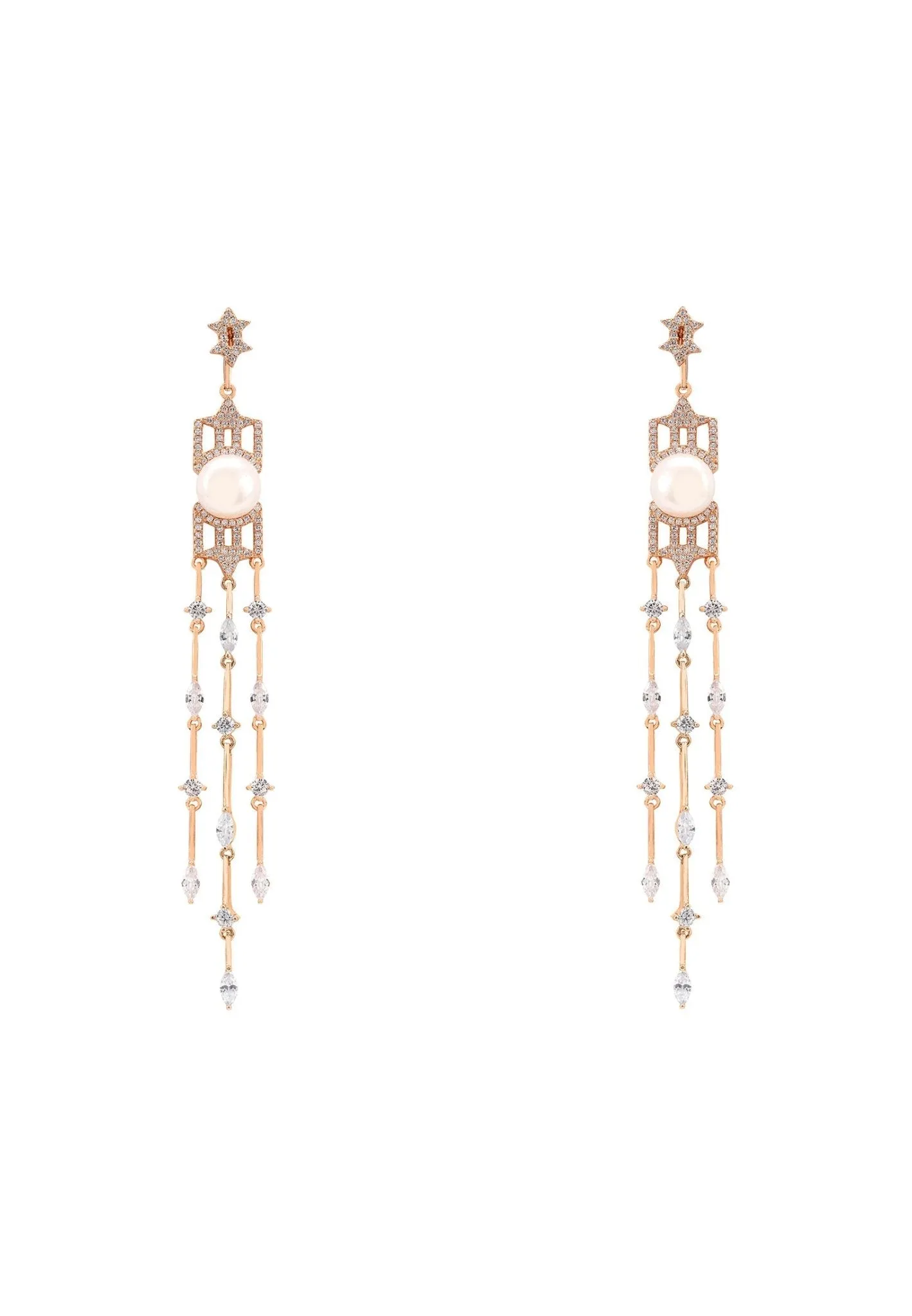 Belgravia Pearl & Sparkle Long Drop Earrings Rosegold