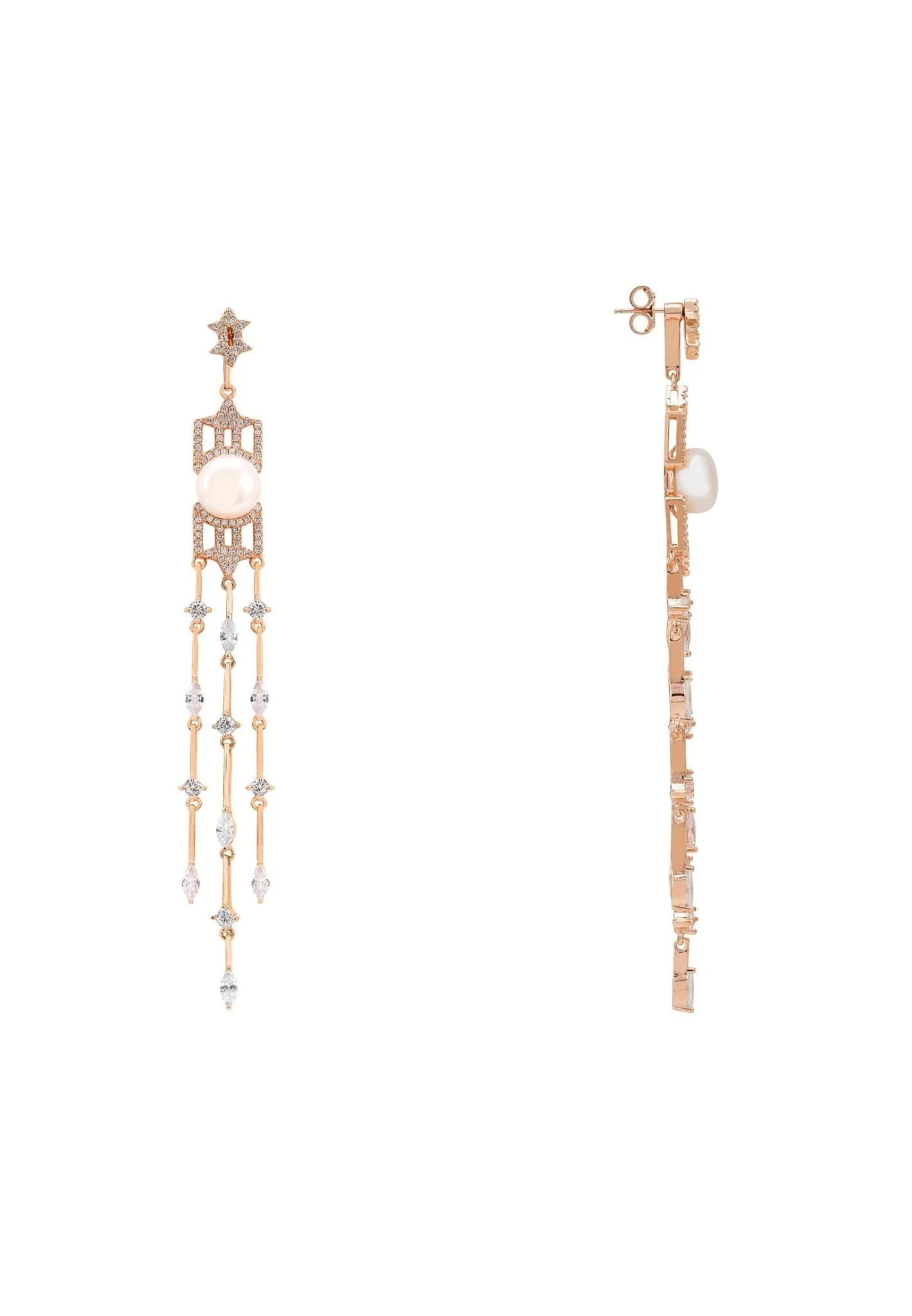 Belgravia Pearl & Sparkle Long Drop Earrings Rosegold