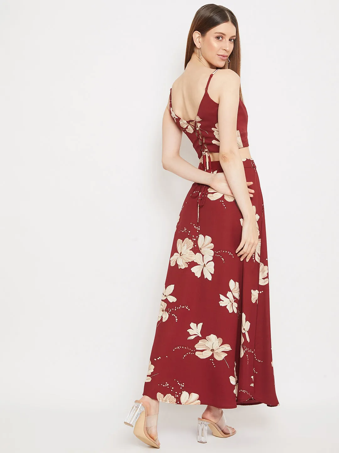 Berrylush Women Maroon Floral Printed Two-Piece Maxi Dress