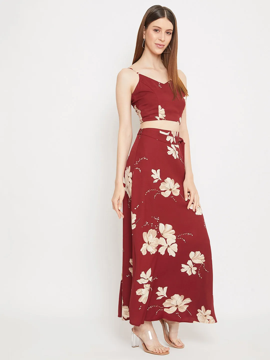 Berrylush Women Maroon Floral Printed Two-Piece Maxi Dress