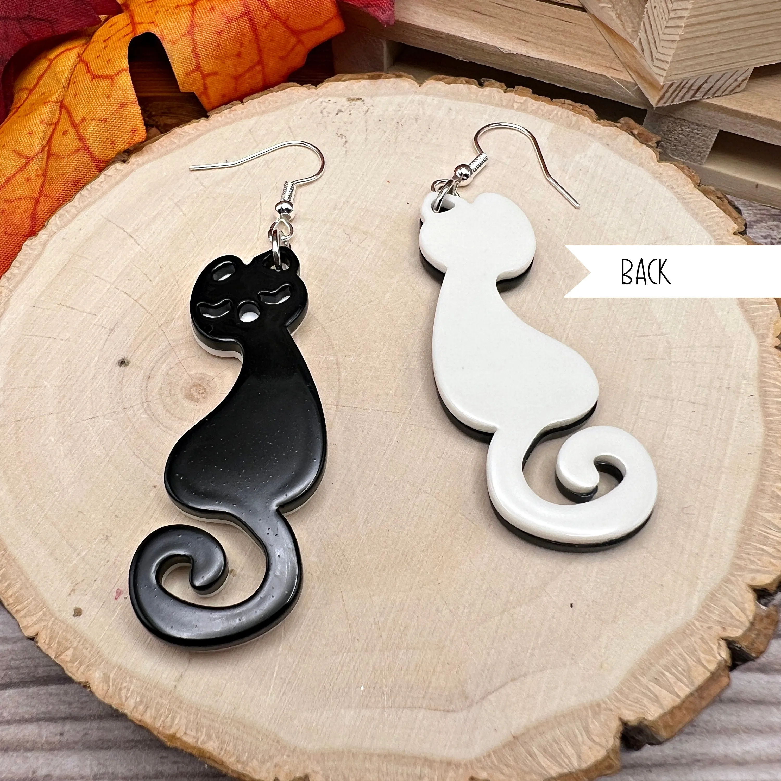 Black Cat  Acrylic Two-Color Halloween Earrings - Clearance