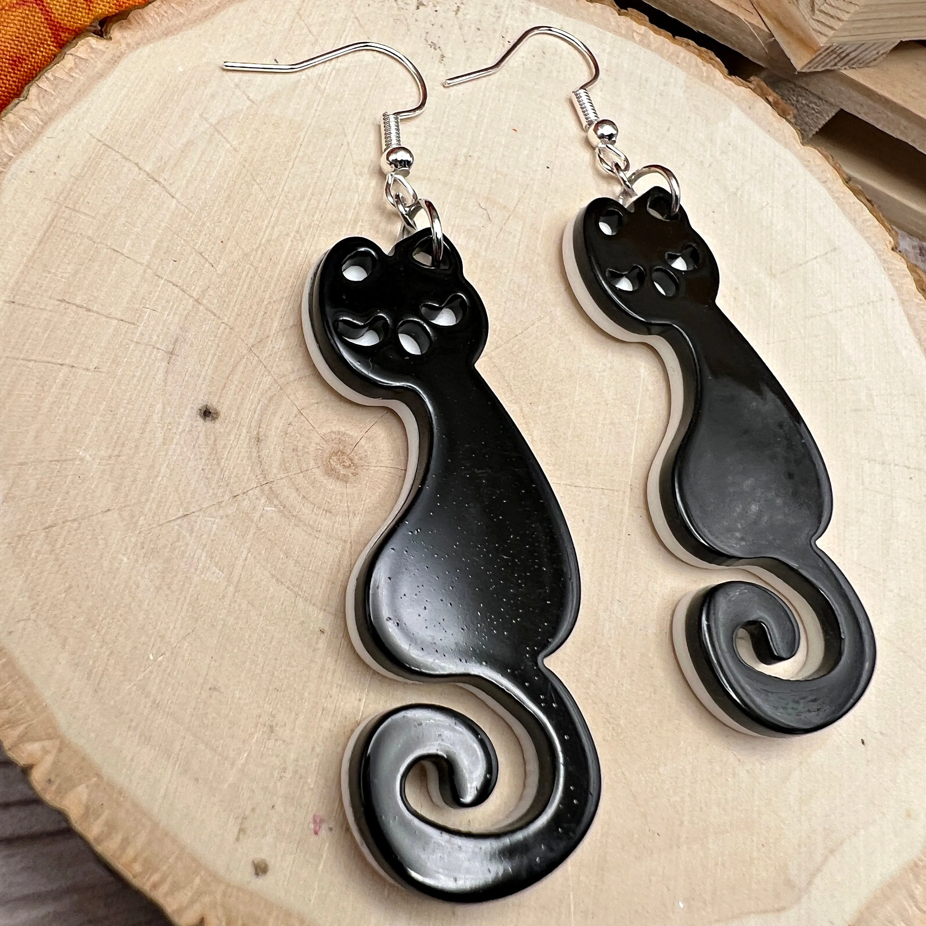 Black Cat  Acrylic Two-Color Halloween Earrings - Clearance