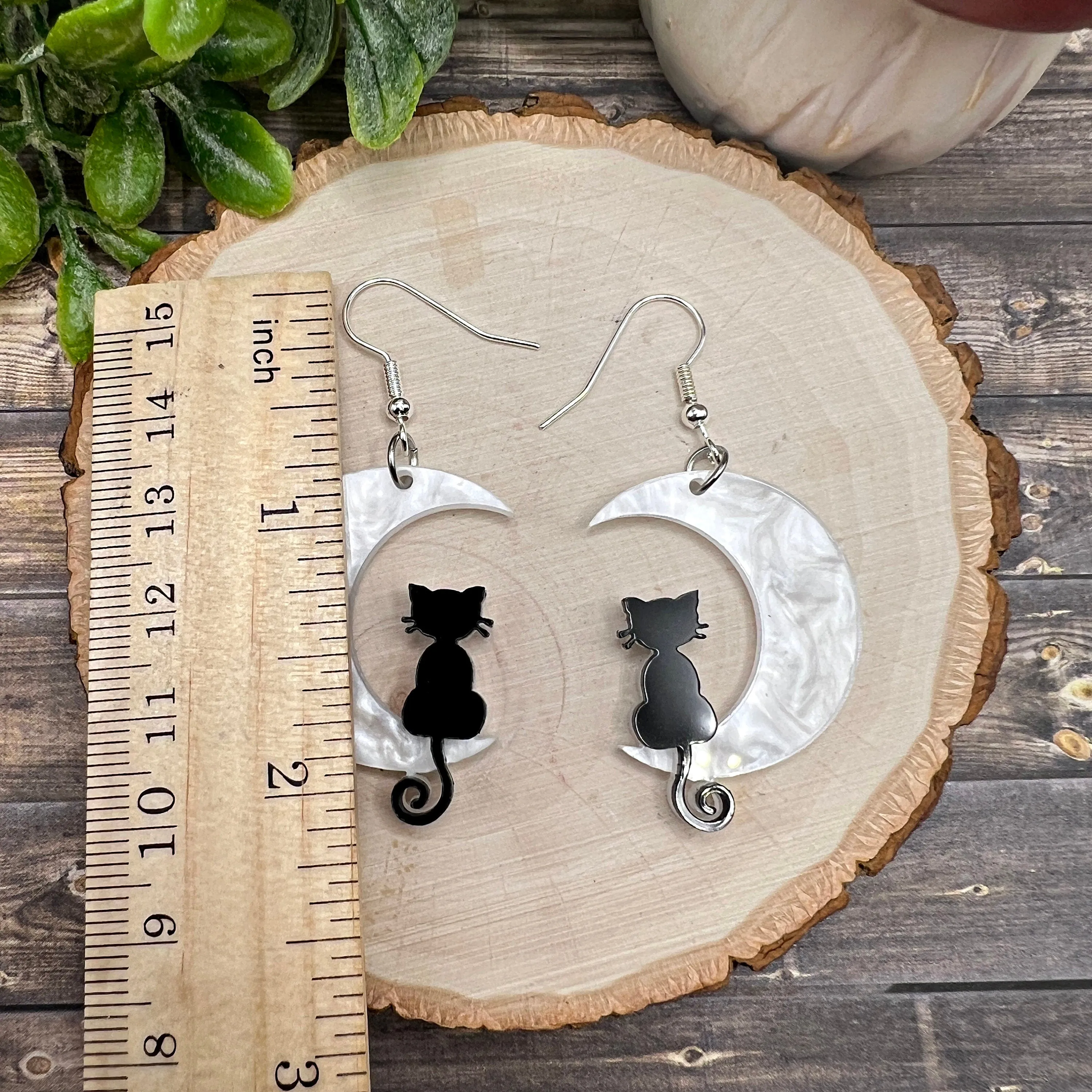 Black Cat White Crescent Moon Halloween Acrylic Earrings