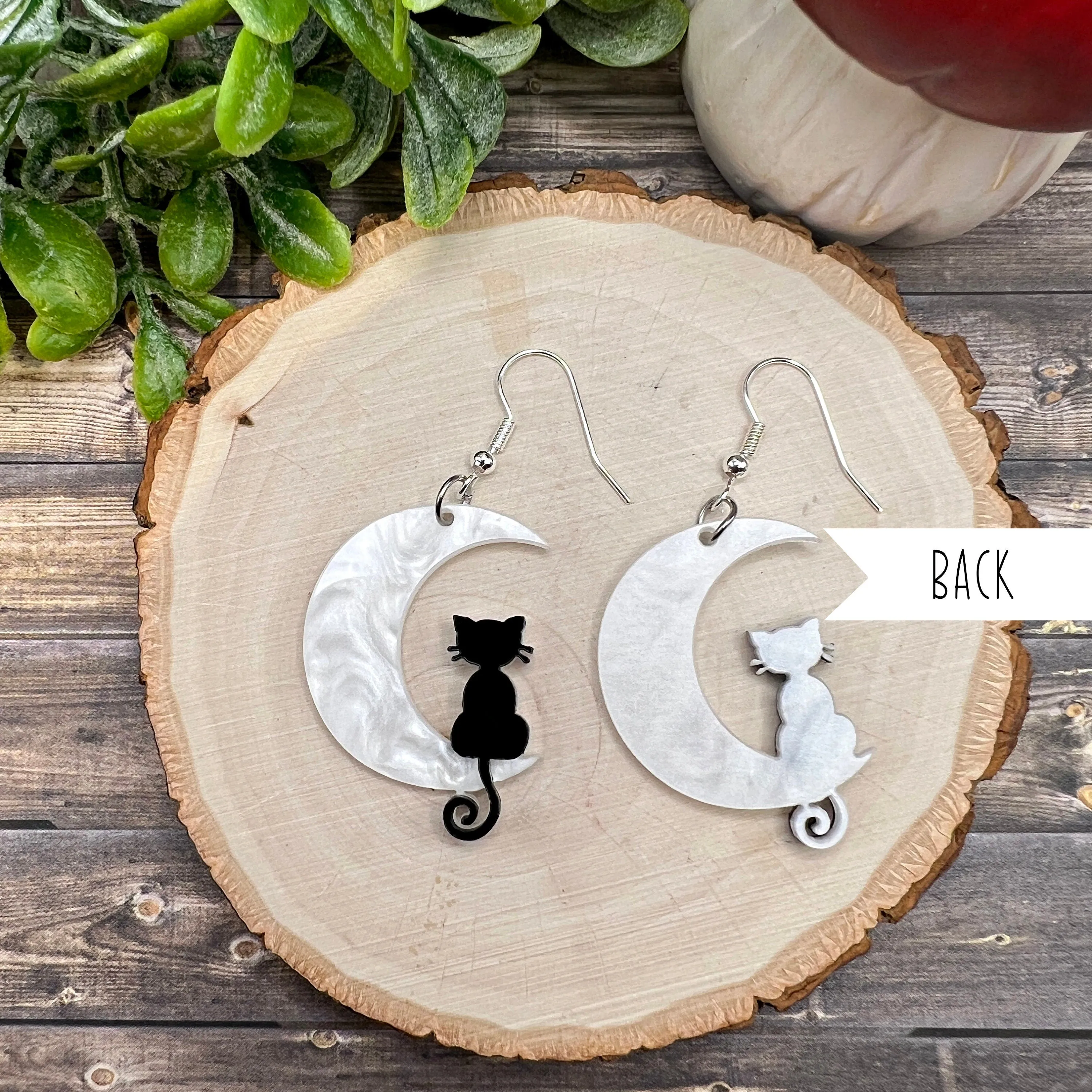 Black Cat White Crescent Moon Halloween Acrylic Earrings