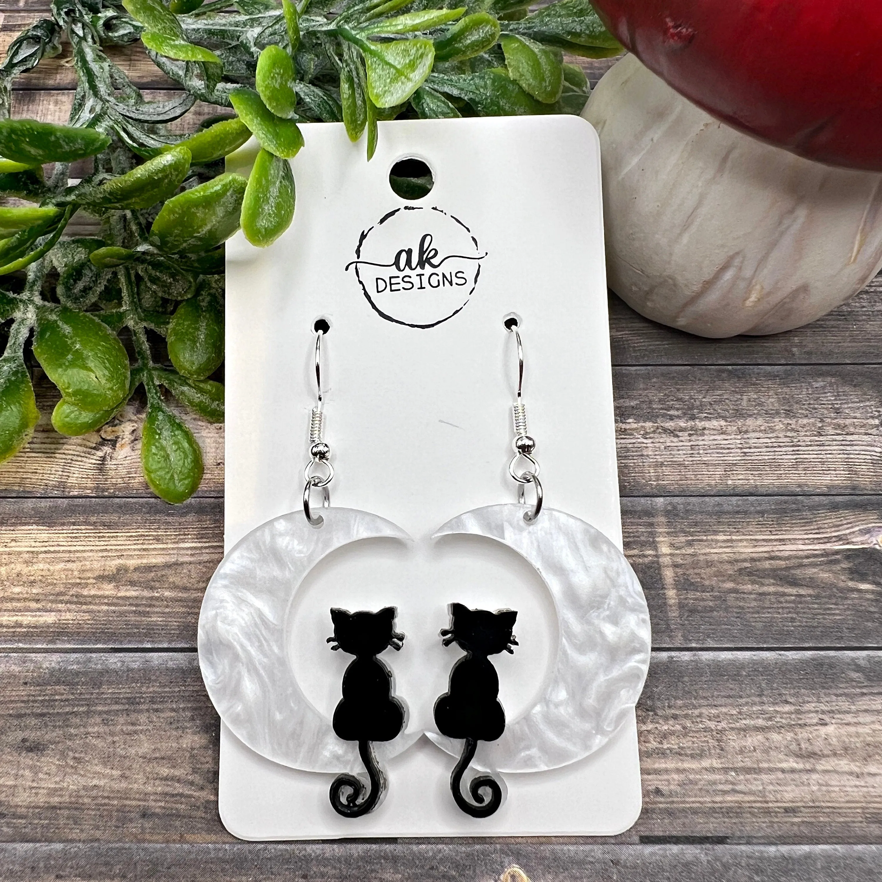 Black Cat White Crescent Moon Halloween Acrylic Earrings