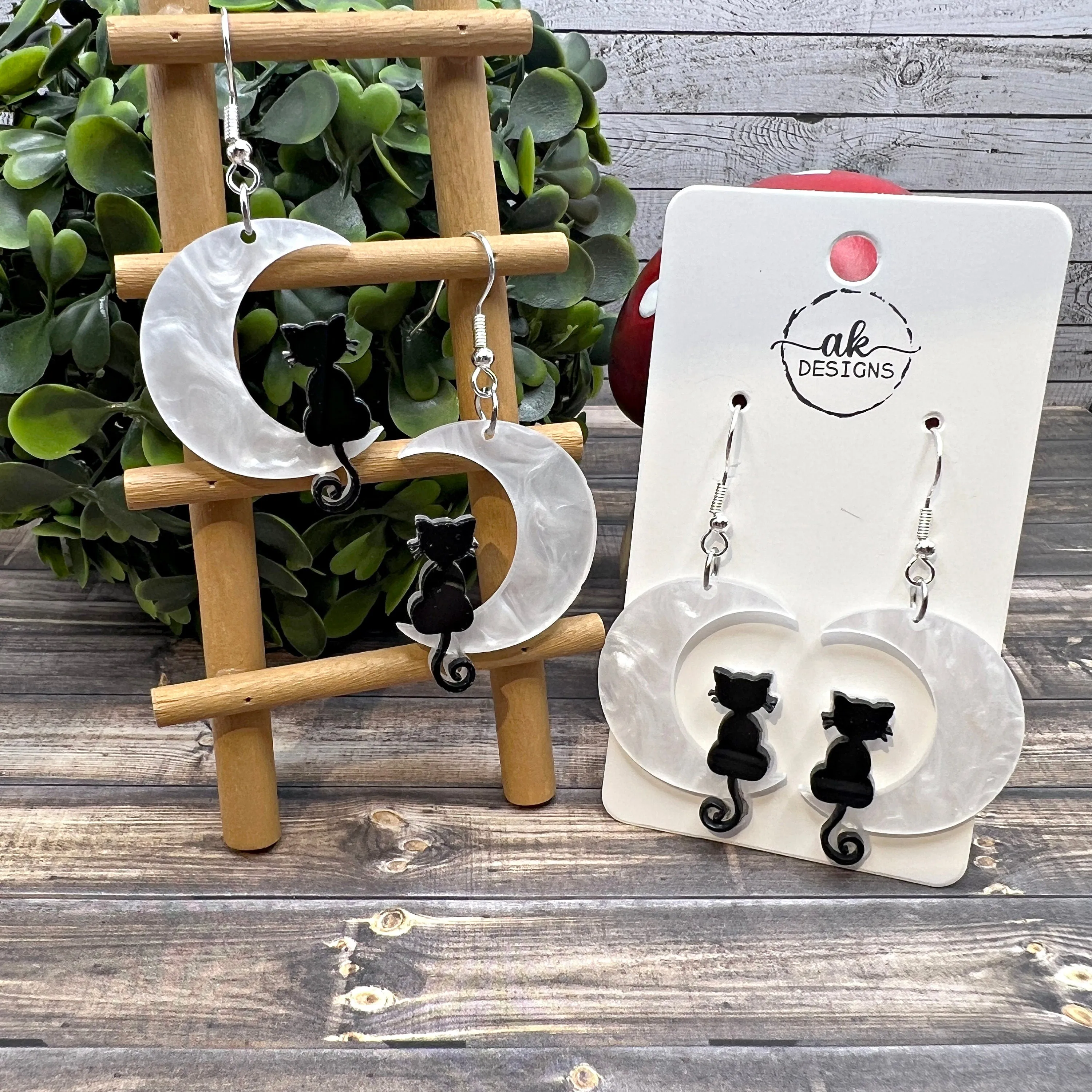 Black Cat White Crescent Moon Halloween Acrylic Earrings