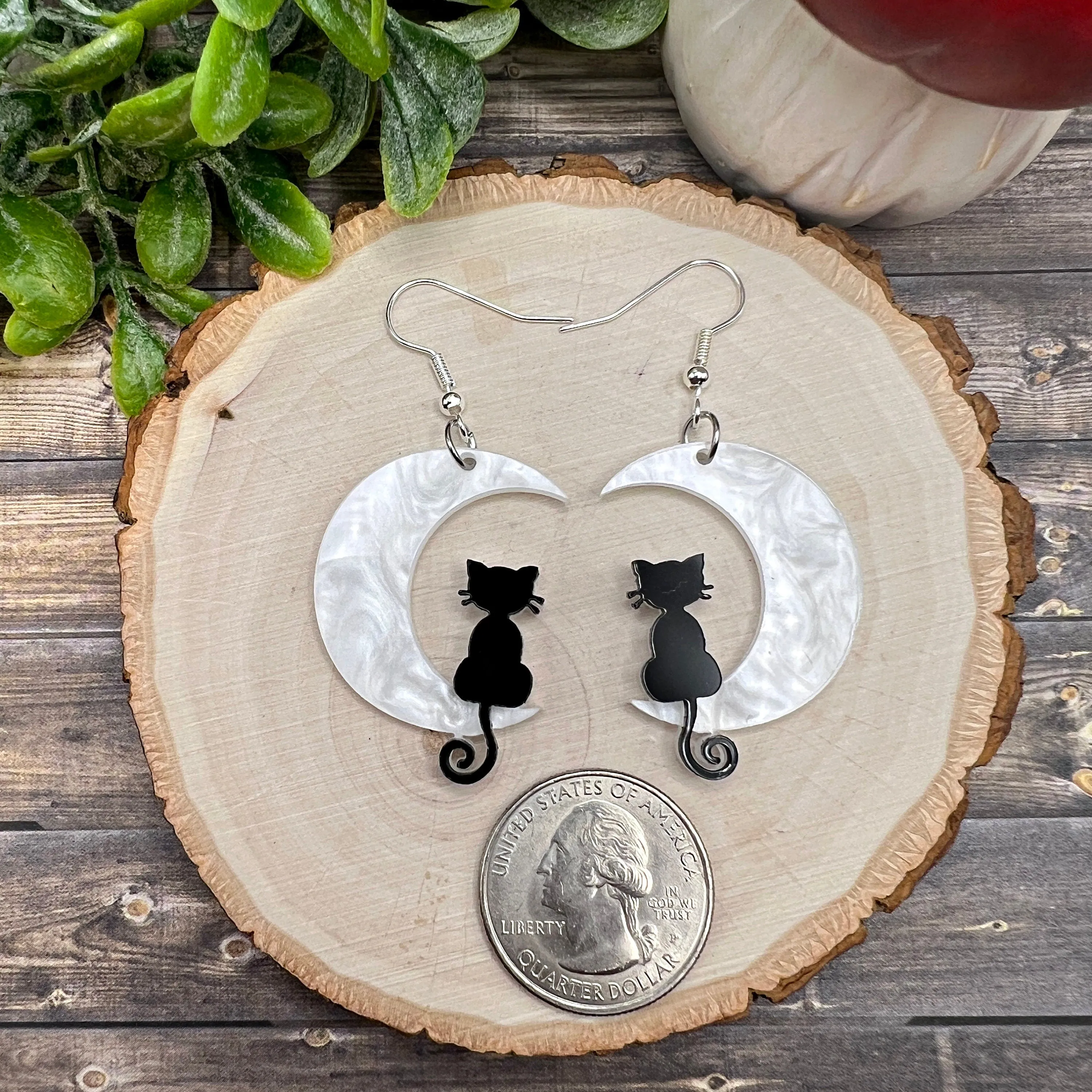 Black Cat White Crescent Moon Halloween Acrylic Earrings