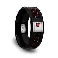 Black Ceramic Wedding Band with Black and Red Carbon Fiber and Ruby Stone