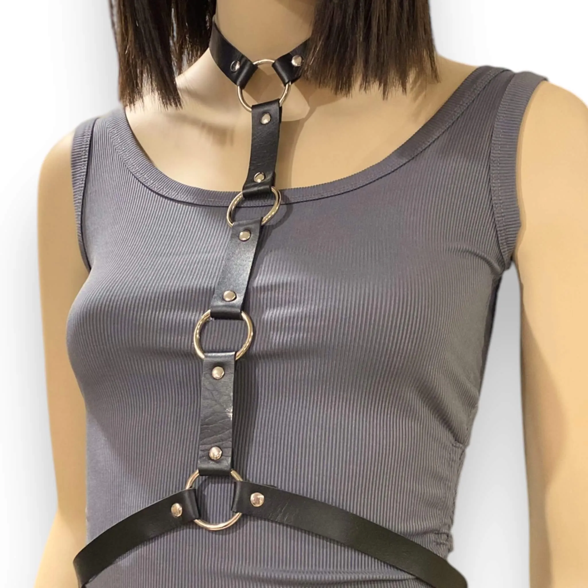 Black Choker Silver O-Ring Chest Harness